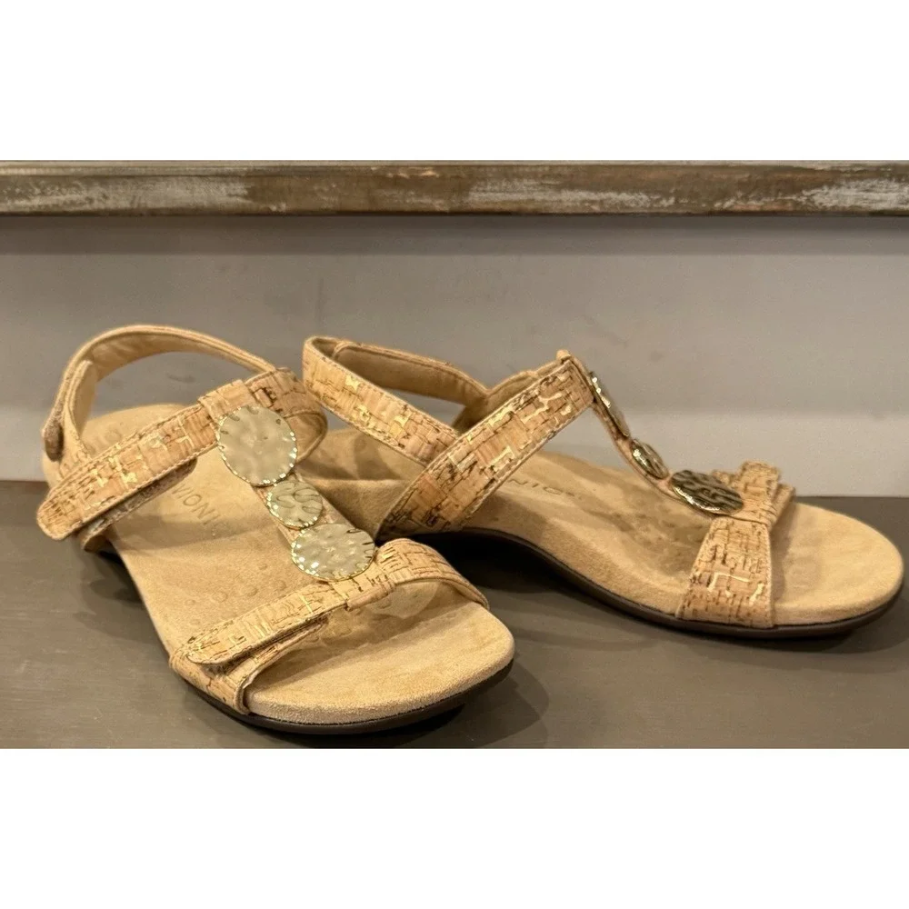 Vionic Sandals Womens Sz 7.5 Tan Cork Farra Ankle Strap Orthotic Comfort Footbed